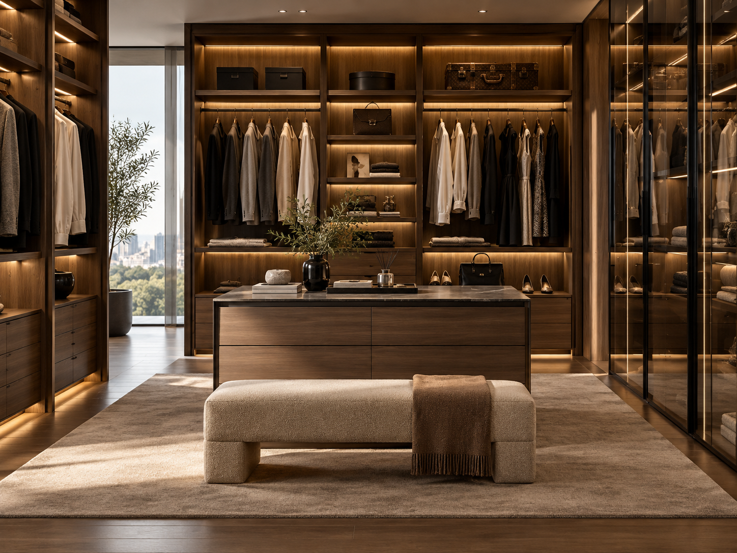Luxury walnut walk-in wardrobe