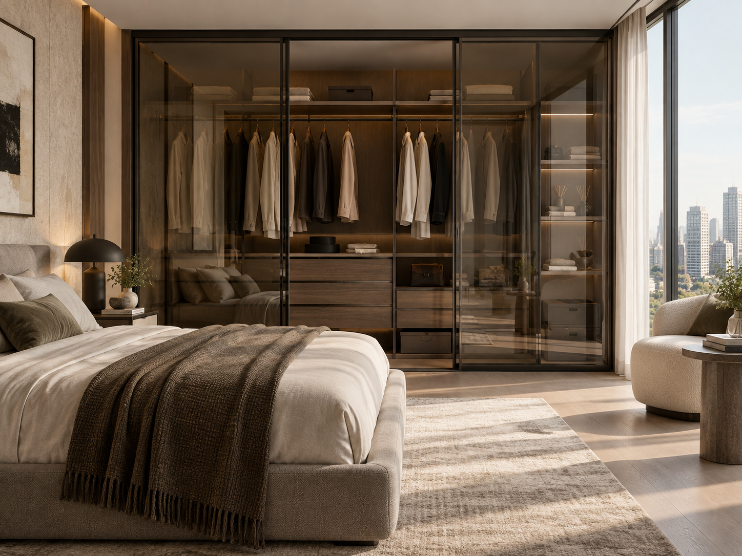 Glass-front wardrobe in a luxury bedroom